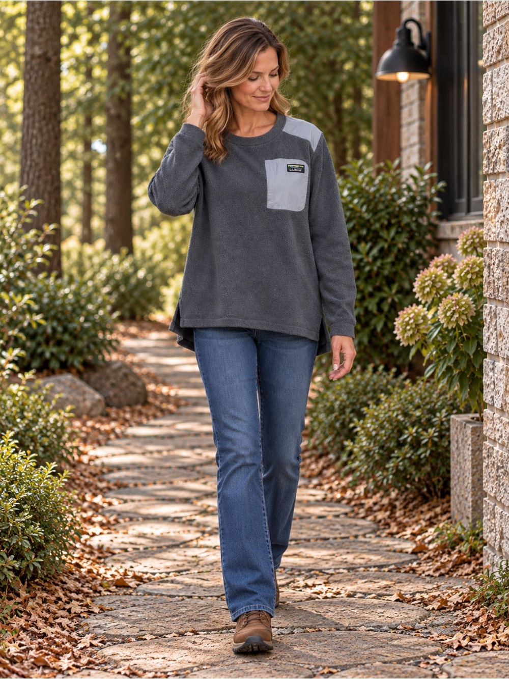 L.L.Bean Women’s Large Gray Textured Fleece Pullover High-Low Hem Color Block